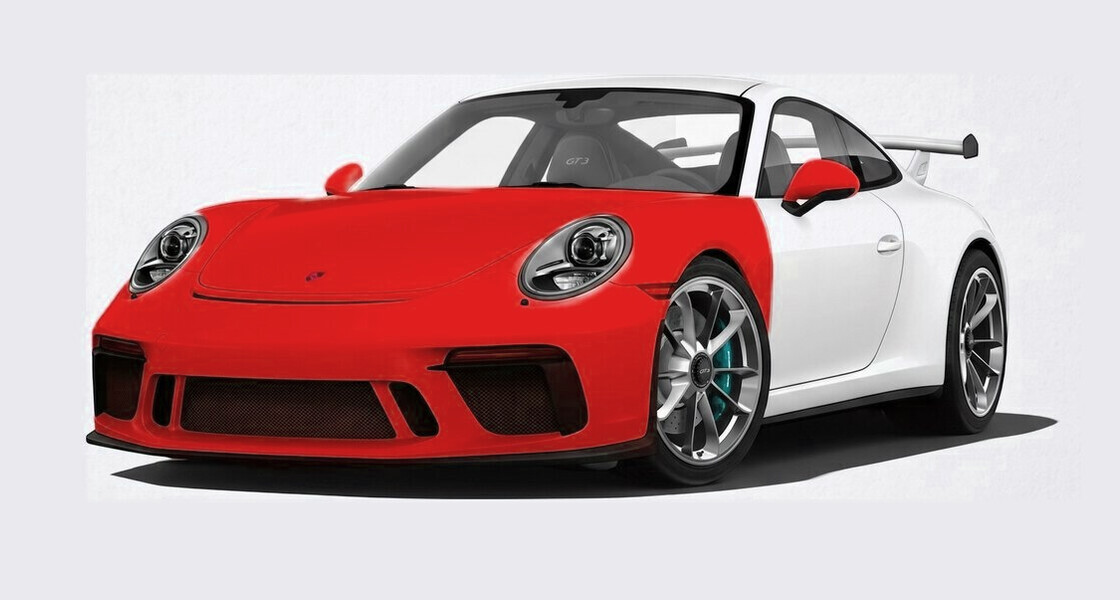 Sports car with the front bumper, hood and fenders protected by PPF, shown in red