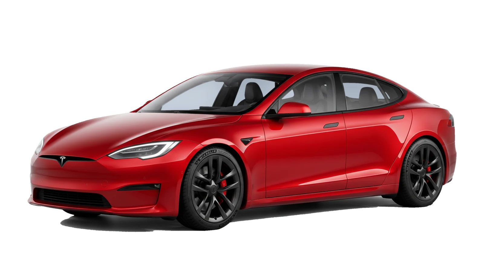 Front three-quarter view of a red Tesla Model S